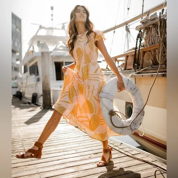 böhme Yellow and Cream Midi Dress with Shell Print - Picture 2 of 13